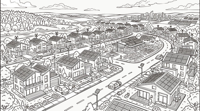 Detailed line-art illustration of an eco-friendly suburban neighborhood with rooftop solar panels and wind turbines, concept for sustainable living, suitable for coloring pages, educational posters,