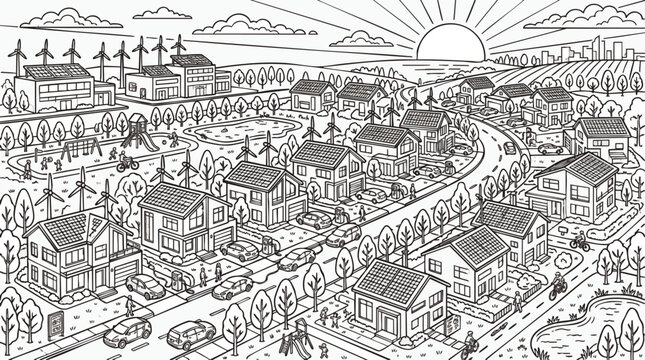 Detailed monochrome line art illustration of a sustainable suburban neighborhood with solar panels and wind turbines, concept for green energy transition, ideal for educational coloring pages and