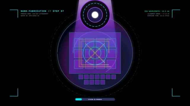 Futuristic Nanofabrication Digital Interface Showing Semiconductor Wafer Lithography Process Cycle