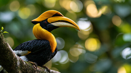 Fototapeta premium Brightly colored bird perched on a tree branch in a green forest