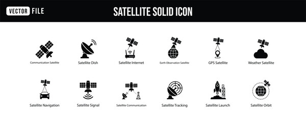 Satellite Communication GPS Navigation Internet and Earth Observation Space Technology Icons © VectoFox