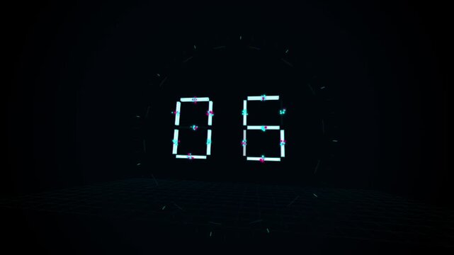 Digital LED Countdown Timer Display on Black Background with Red Neon Numbers, Futuristic Technology Clock and Time Countdown Concept