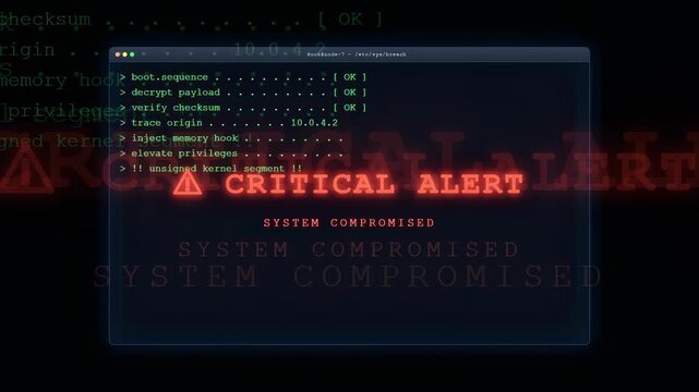 Digital Security Breach Animation with Red Critical Alert Warning on Computer Screen Interface