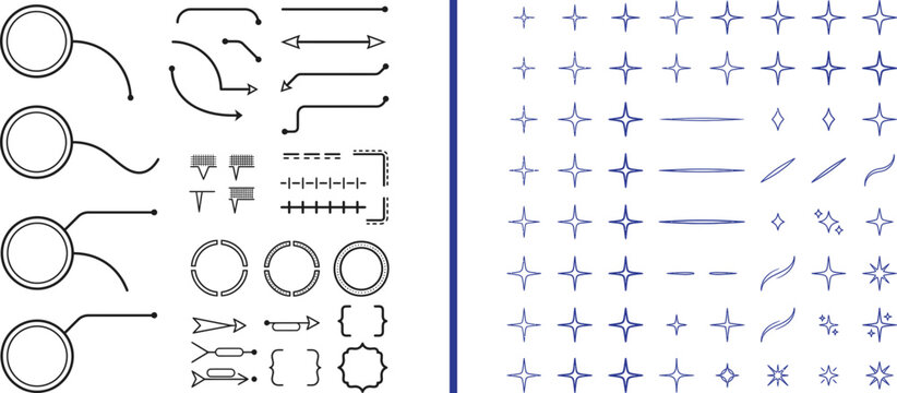 Vector design elements set with callout circles pointers arrows brackets and sparkle star icons for UI layout