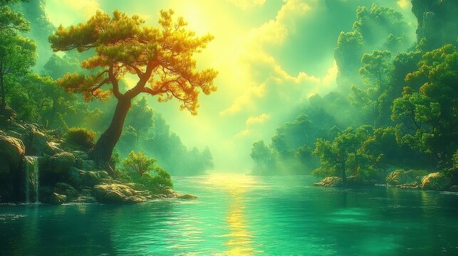 Enchanted Lush Forest River At Sunrise With Golden Sunlight Beams Illuminating The Calm Turquoise