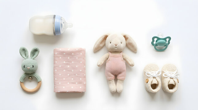 Baby essentials flat lay with bunny toy and socks