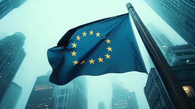 European Union Flag Waving Over a Foggy City Skyline