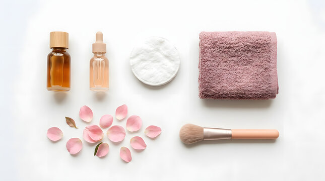 Spa beauty flat lay with brush and petals