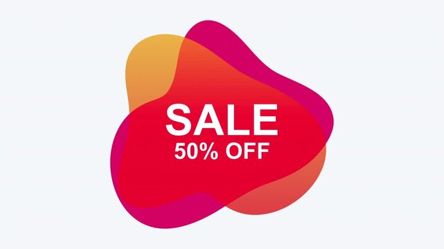 Colorful layered sale badge with smooth rounded shapes in red, pink, orange, and yellow, featuring bold white &ldquo;SALE 50% OFF&rdquo; text on a light gray background