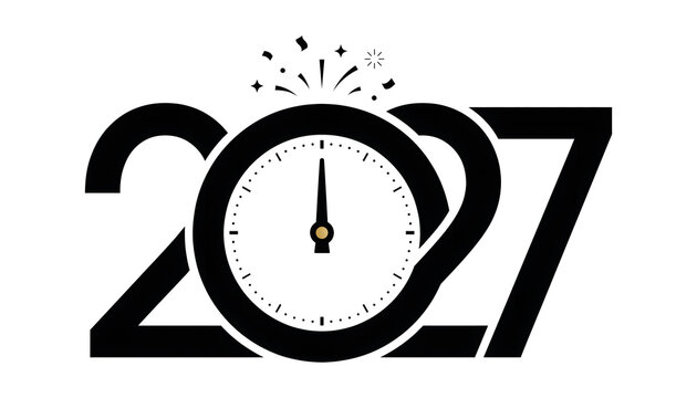 Black and White 2027 New Year Typography with Midnight Clock and Fireworks
