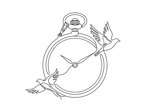 Single continuous line drawing of a pocket watch with hands transforming into two birds flying opposite directions, time moving forward and memories staying behind concept