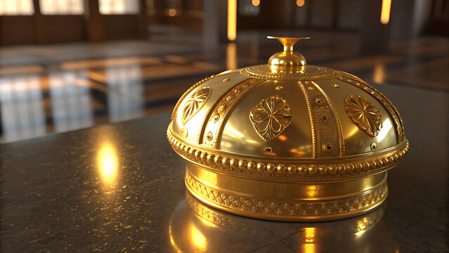 Golden royal crown on a dark reflective surface, 3D render of a luxury monarch headpiece.