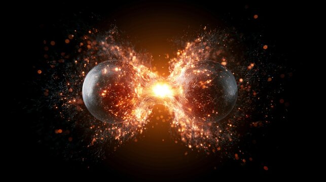Conceptual illustration of an atom splitting and releasing energy, visualizing nuclear fission with glowing particles on a dark background