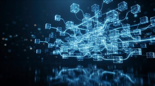 Abstract Digital Blockchain Technology Concept with Glowing Blue Data Cubes and Network Connections