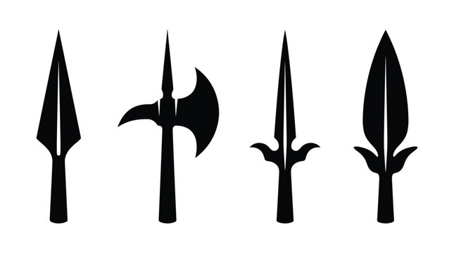 Medieval weapon spearhead and polearm silhouette set including halberd and pike icons for history or fantasy game design assets in black.