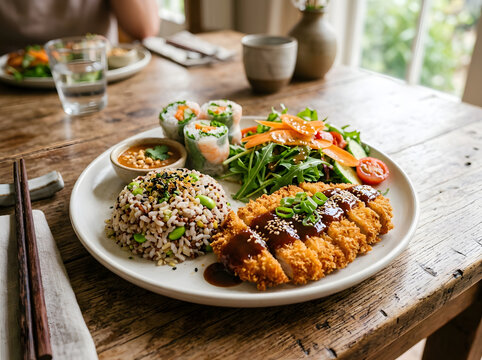Japanese tonkatsu pork cutlet meal with rice spring rolls salad on a wooden table japanese food asian meal fried pork rice bowl lunch plate meat dish
