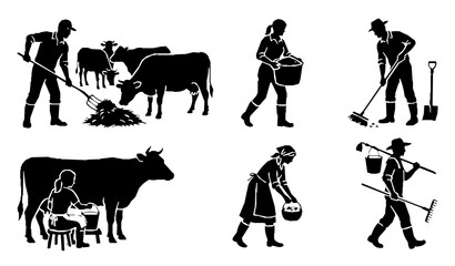 Fototapeta premium Farmers performing daily agriculture activities feeding livestock cleaning barns and rural work black silhouette vector set