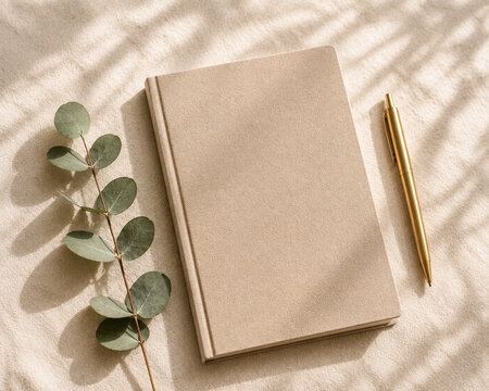 Minimalist Journal and Gold Pen with Eucalyptus in Warm Natural Sunlight
