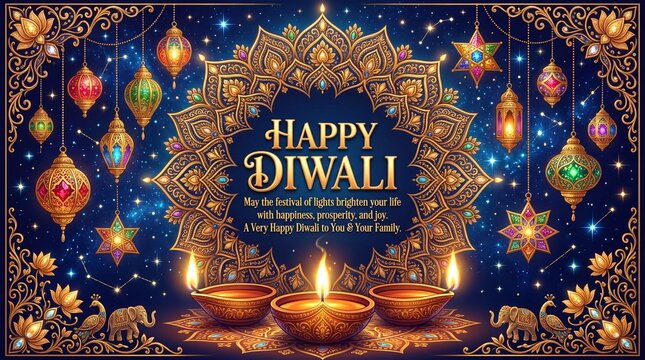 Happy Diwali Festive Mandala & Lanterns - Festival of Lights Celebration