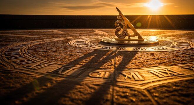 Ancient sundial casting shadows at sunset on stone surface.