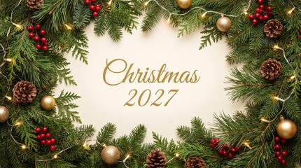 Obraz premium Christmas 2027 greeting card with a festive wreath of pine branches, pinecones, red berries, and golden baubles on a light background