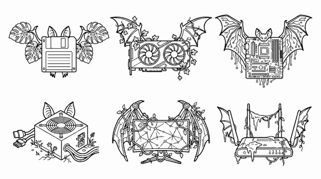 A collection of hand drawn illustrations featuring various computer hardware components adorned with bat wings and botanical elements.