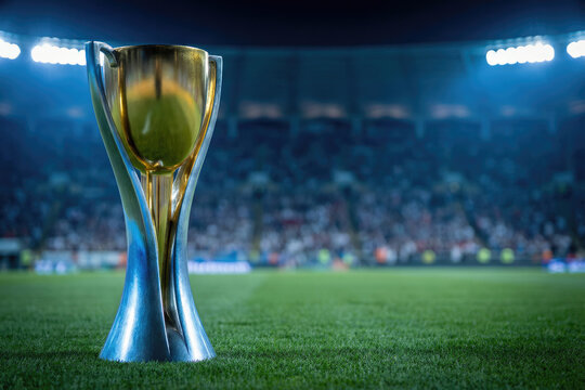 Golden championship trophy cup stands on green grass field within blurred stadium arena under bright floodlights representing victory success and sports achievement.