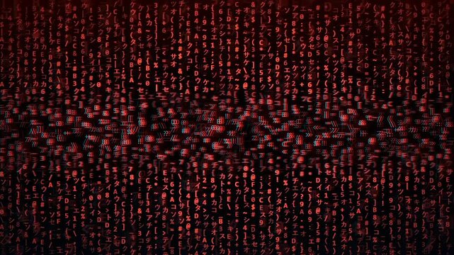 Abstract red digital rain with falling binary code and data symbols on black background