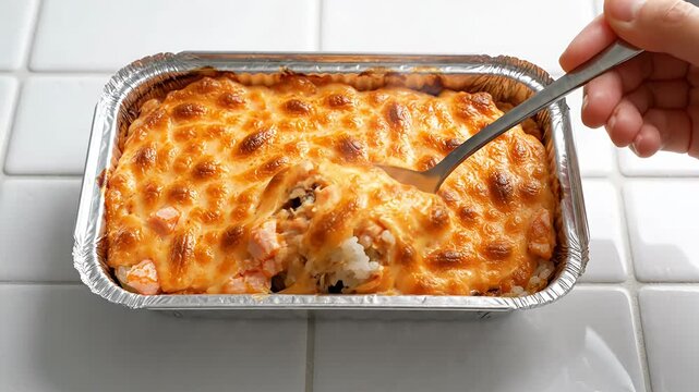 Baked lasagna in aluminum tray with spoon