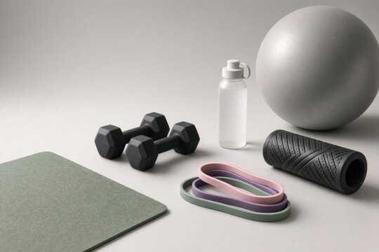 Modern home gym set with dumbbells yoga mat stability ball and resistance bands on neutral background perfect for strength training and core stability workouts.