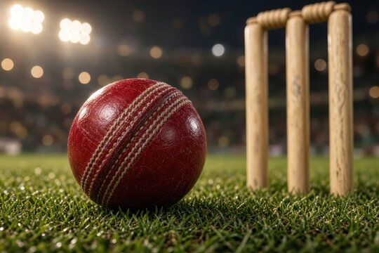 Red leather cricket ball sitting near wooden wicket stumps on green stadium grass lawn under bright night floodlights perfect for professional sports tournament.