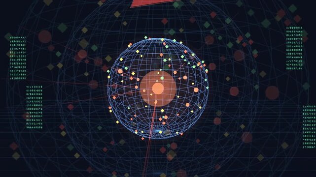 Digital holographic globe with rotating data points and futuristic interface on dark blue background