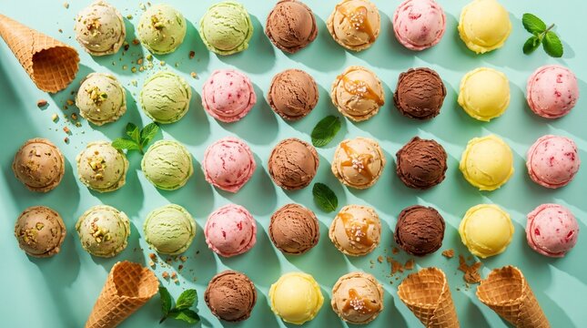 Assorted ice cream scoops on light blue background with waffle cones and mint leaves.