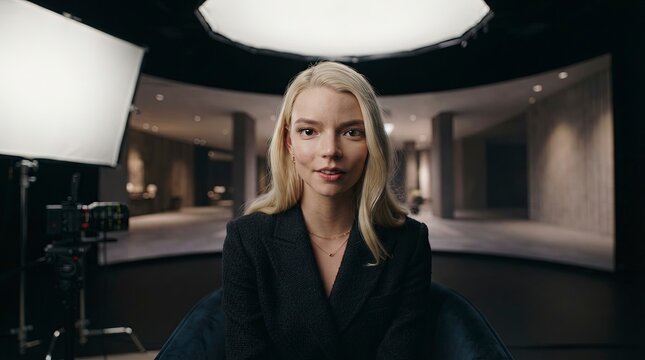 Beautiful Young Blonde Woman in Elegant Black Blazer Being Filmed for Interview in Modern Film Studio
