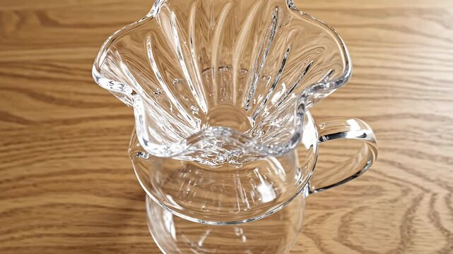 Glass coffee dripper on wooden table surface