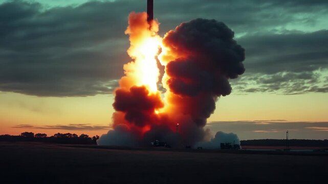 Rocket Launch with Massive Plume of Fire and Smoke at Twilight