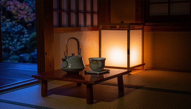 秋の夜長、行灯の灯りに照らされる茶室　生成AI