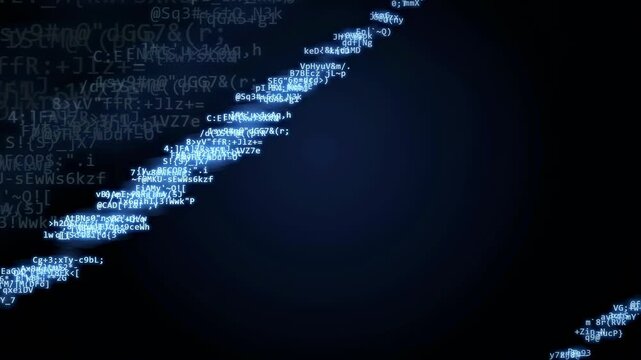Abstract digital data stream with flowing binary code and characters on dark blue background