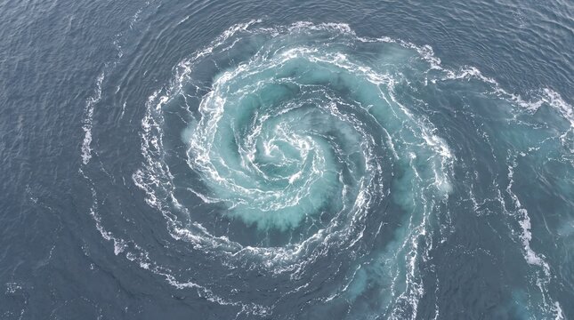 Powerful ocean whirlpool with swirling blue water. Aerial view of a deep sea vortex. Natural water spiral with white foam and ripples.
