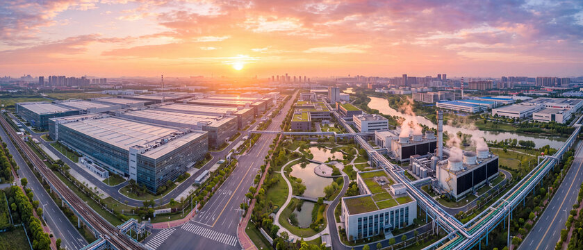 Aerial view of a modern industrial park with factory buildings, green spaces, and a power plant at sunset
