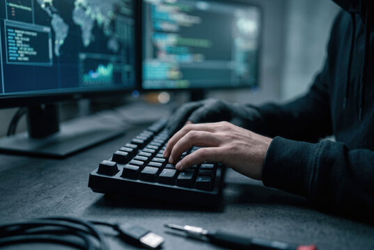 Hooded Hacker Typing Computer Code at Cybersecurity Workstation