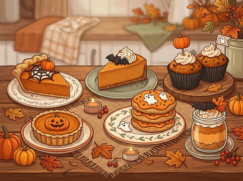 Autumn halloween desserts and treats illustration with pumpkin pie cupcakes and pancakes