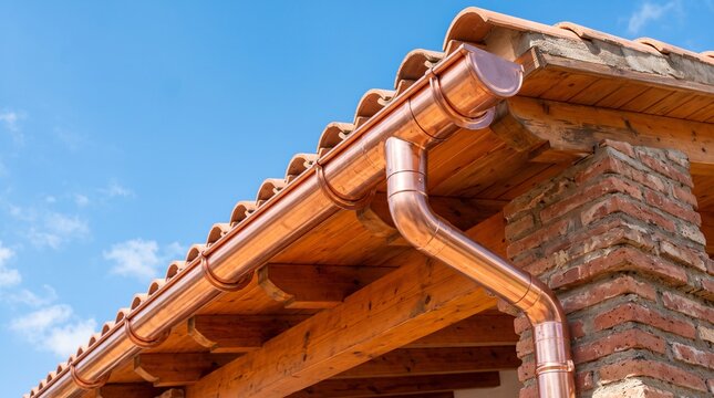 Close-up of weathered copper roofing with green patina under bright blue sky for architectural design