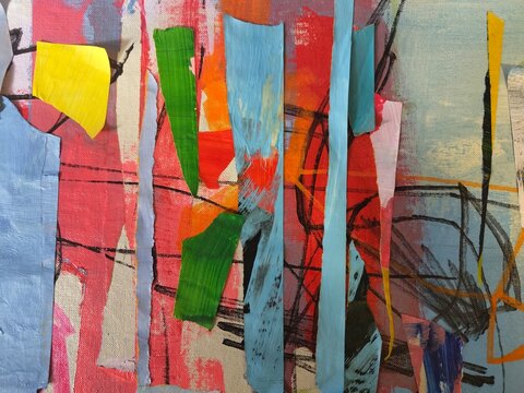 Title: Pink and Blue Abstract Collage with Green Detail