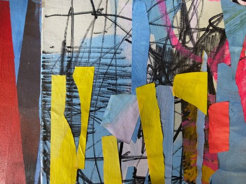 Title: Red and Blue Abstract Collage with Yellow Detail