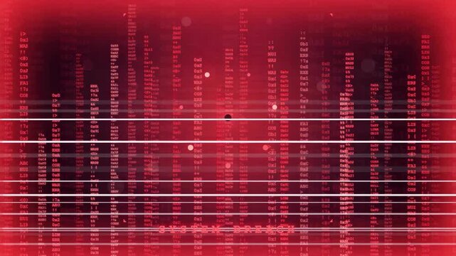 Digital red screen with scrolling computer code and system breach warning for cybersecurity concept
