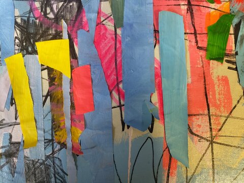 Title: Blue and Pink Abstract Collage with Yellow Detail