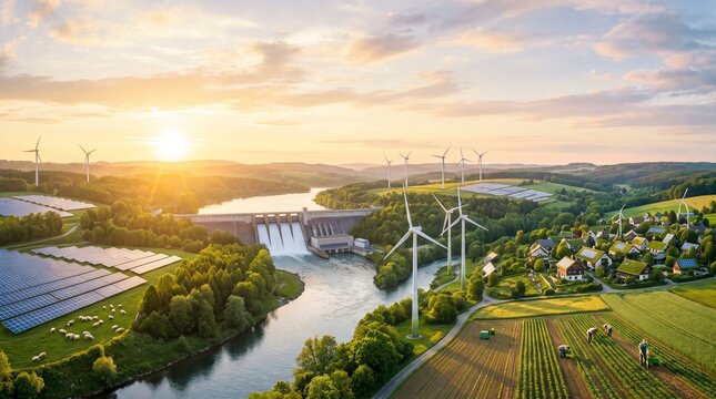 Sustainable energy landscape featuring a hydroelectric dam, wind turbines, and solar panels at sunset