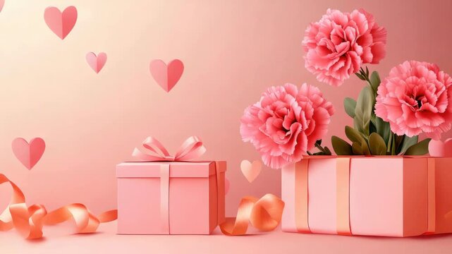Pink Gift Boxes with Carnation Flowers and Decorative Hearts
