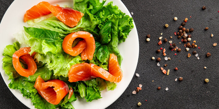 Salmon salad red fish appetizer food preparation pescetarian diet dish tasty snack fresh and delicious gourmet rustic food background on the table&nbsp; rustic food top view copy space keto and paleo diet